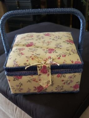 Sewing Basket Floral Yellow and with Navy Handle.